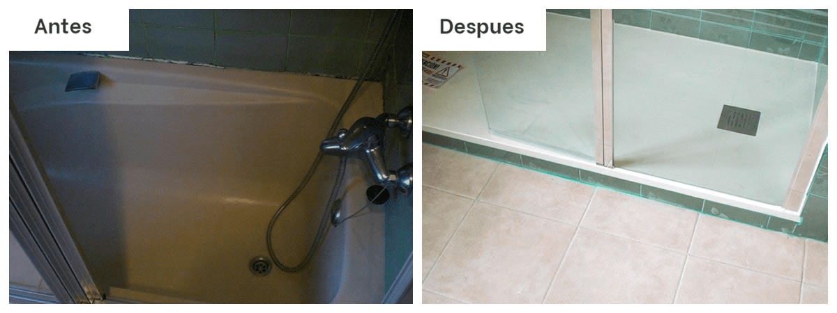 Una foto del antes y el después de una bañera y una ducha.