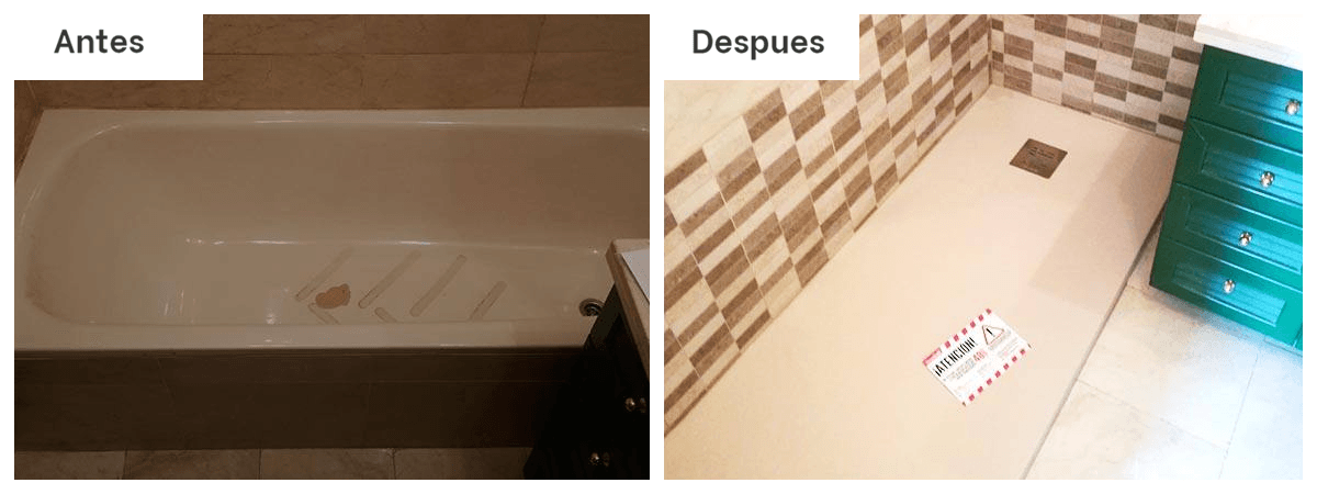 Una foto del antes y el después de una bañera y una ducha.