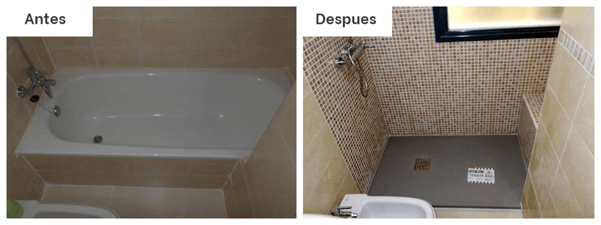 Una foto del antes y el después de un baño con bañera y ducha