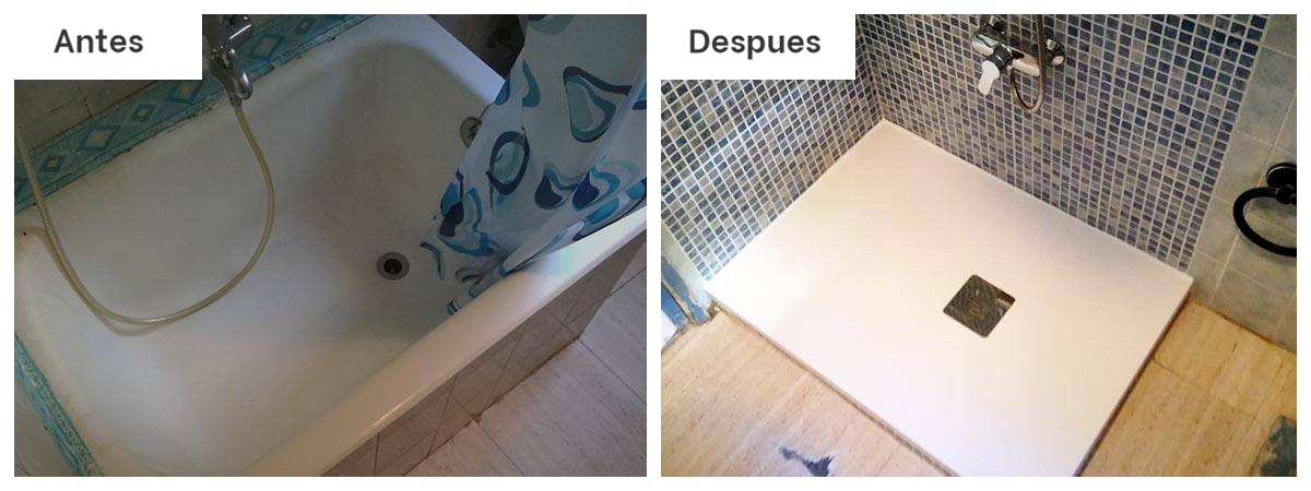 Una foto del antes y el después de una bañera y un plato de ducha.