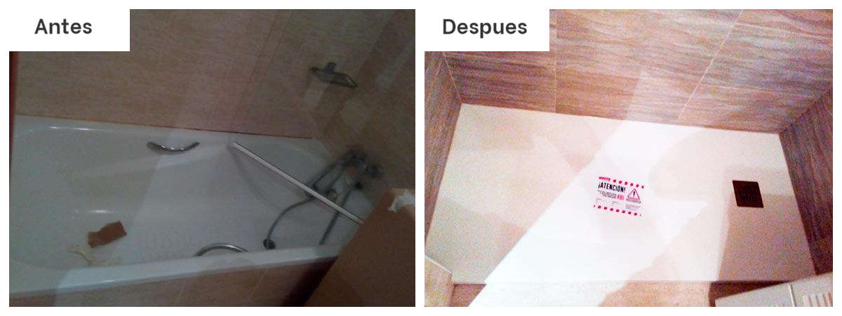 Una foto del antes y el después de una bañera y una ducha.