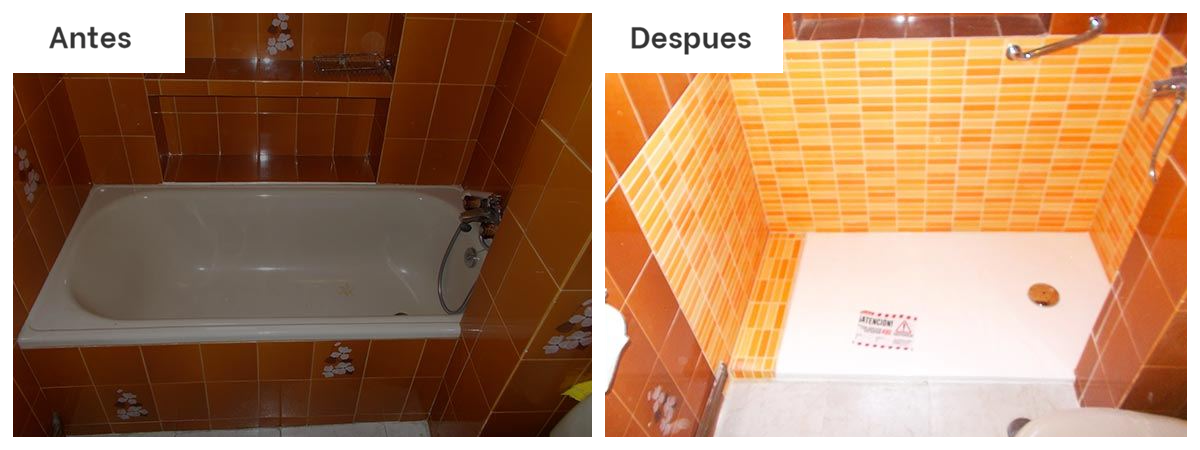 Una foto del antes y el después de una bañera y una ducha.