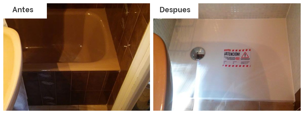 Una foto del antes y el después de una bañera y una ducha.