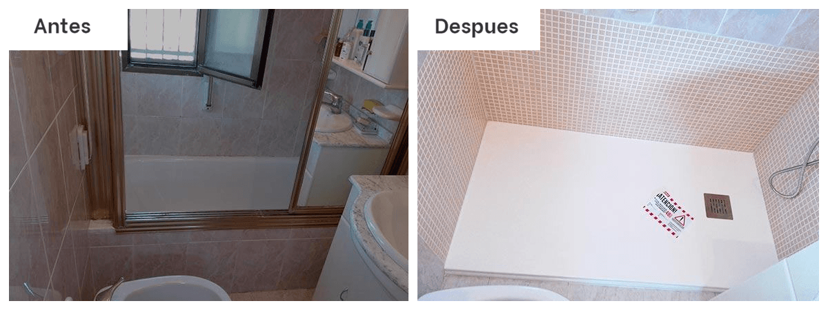 Hay una foto del antes y el después de un baño.
