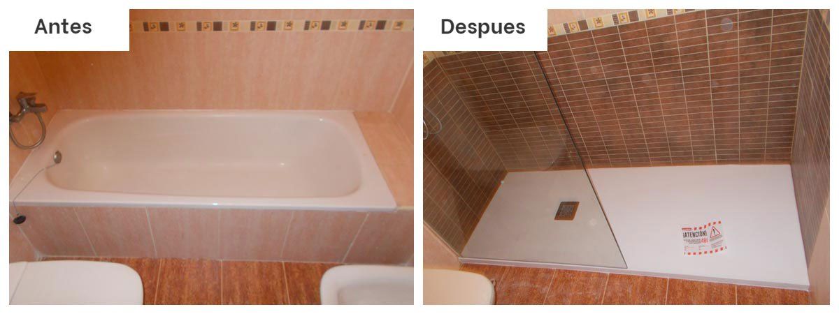 Una foto del antes y el después de una bañera y una ducha.