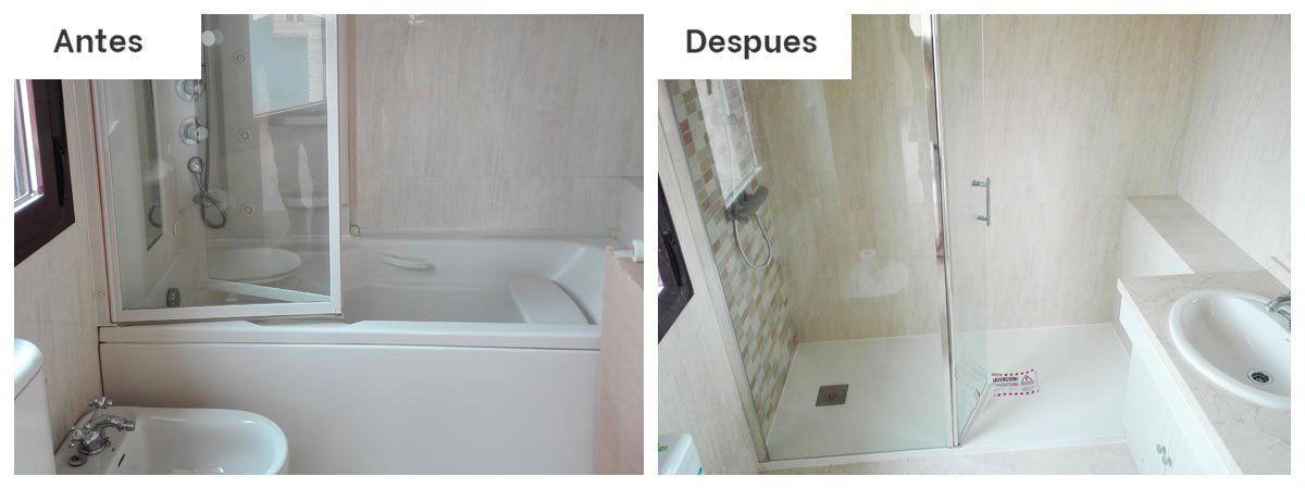Una foto del antes y el después de un baño con bañera y ducha.