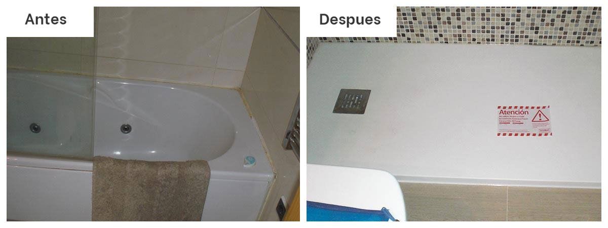 Baño con bañera y el mismo baño pero con un plato de Securibath nuevo