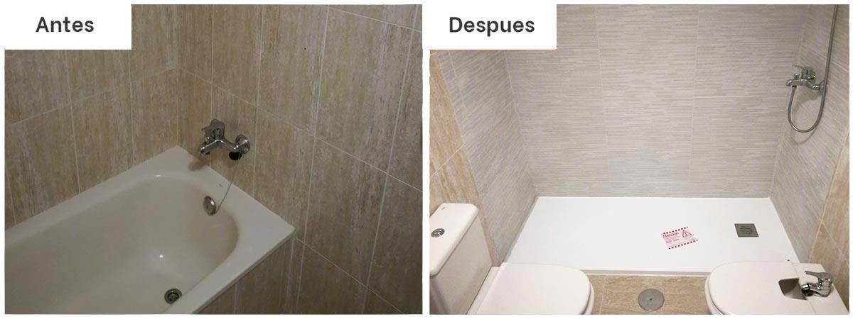 reformas denia en un baño con una bañera vieja y despues el mismo baño con palto de ducha nuevo