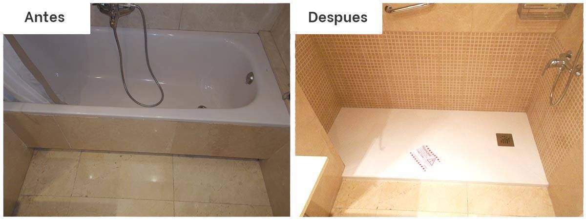 reforma de baño con una bañera a baño con plato de ducha y mampara