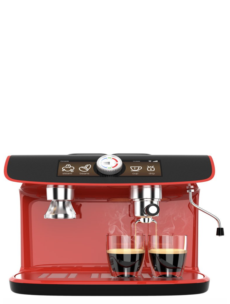 Una cafetera roja con dos tazas de café.