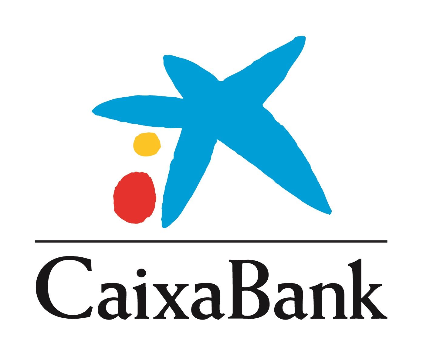 Logotipo de Caixabank con una X azul y un punto rojo
