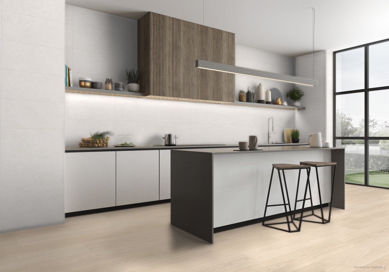 Una cocina moderna con una gran isla y taburetes.