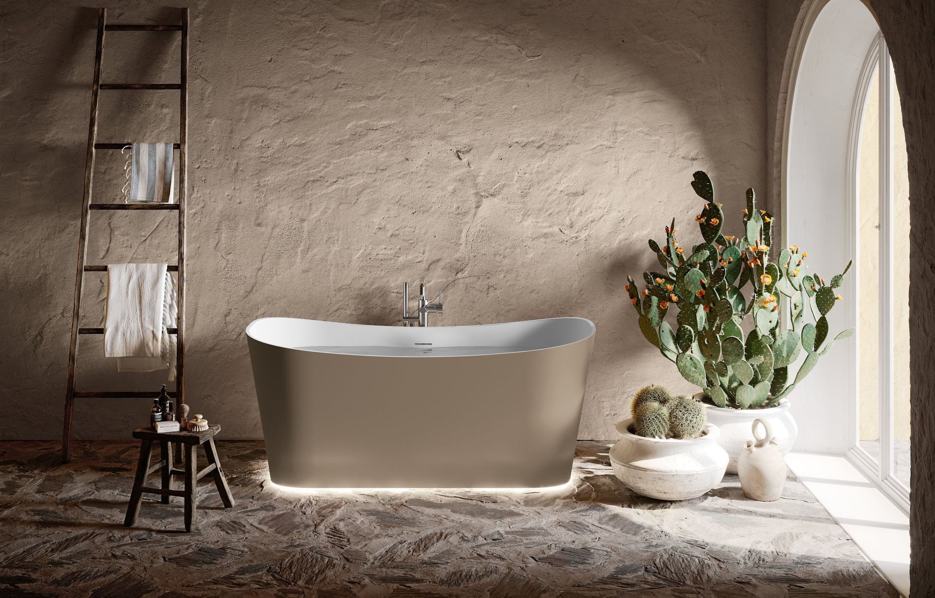 Un baño con bañera y escalera.