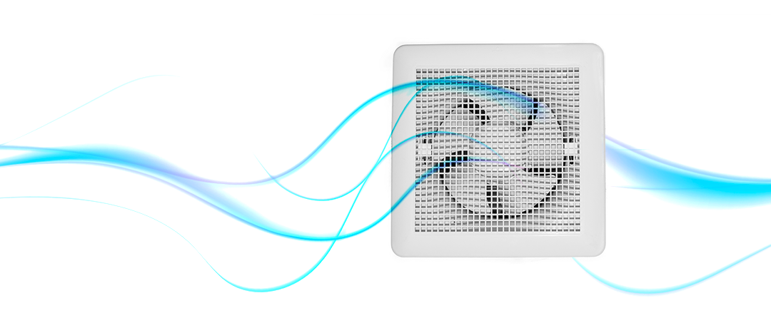 Un abanico blanco del que salen ondas azules sobre un fondo blanco.