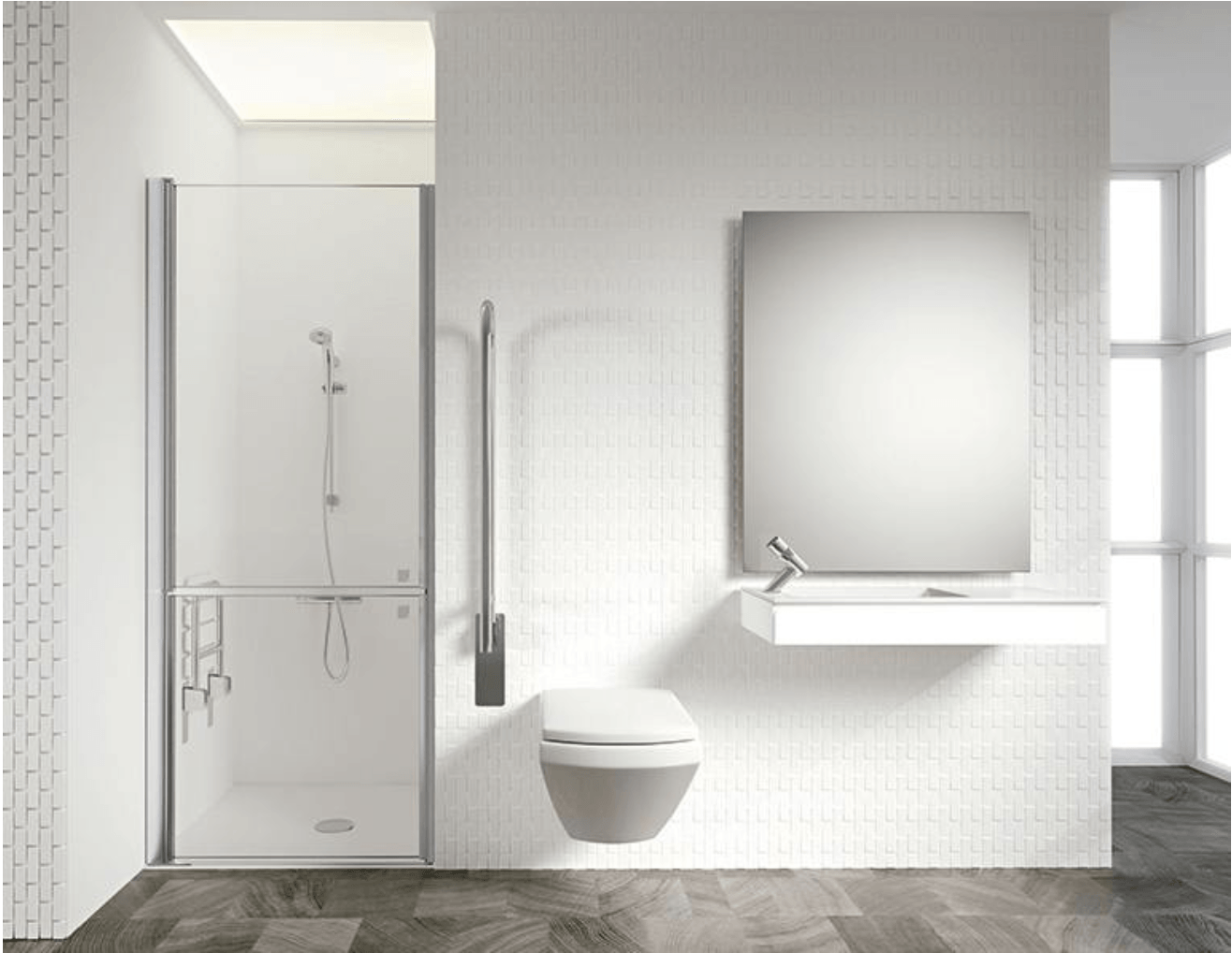 Un cuarto de baño con inodoro, lavabo, ducha y espejo.