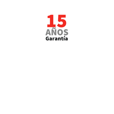 Un logo rojo y blanco que dice 15 años de garantía sobre un fondo blanco.