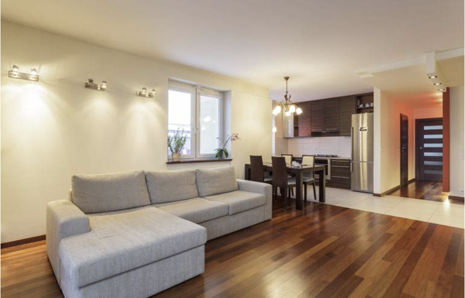Un salón con sofá y mesa de comedor.