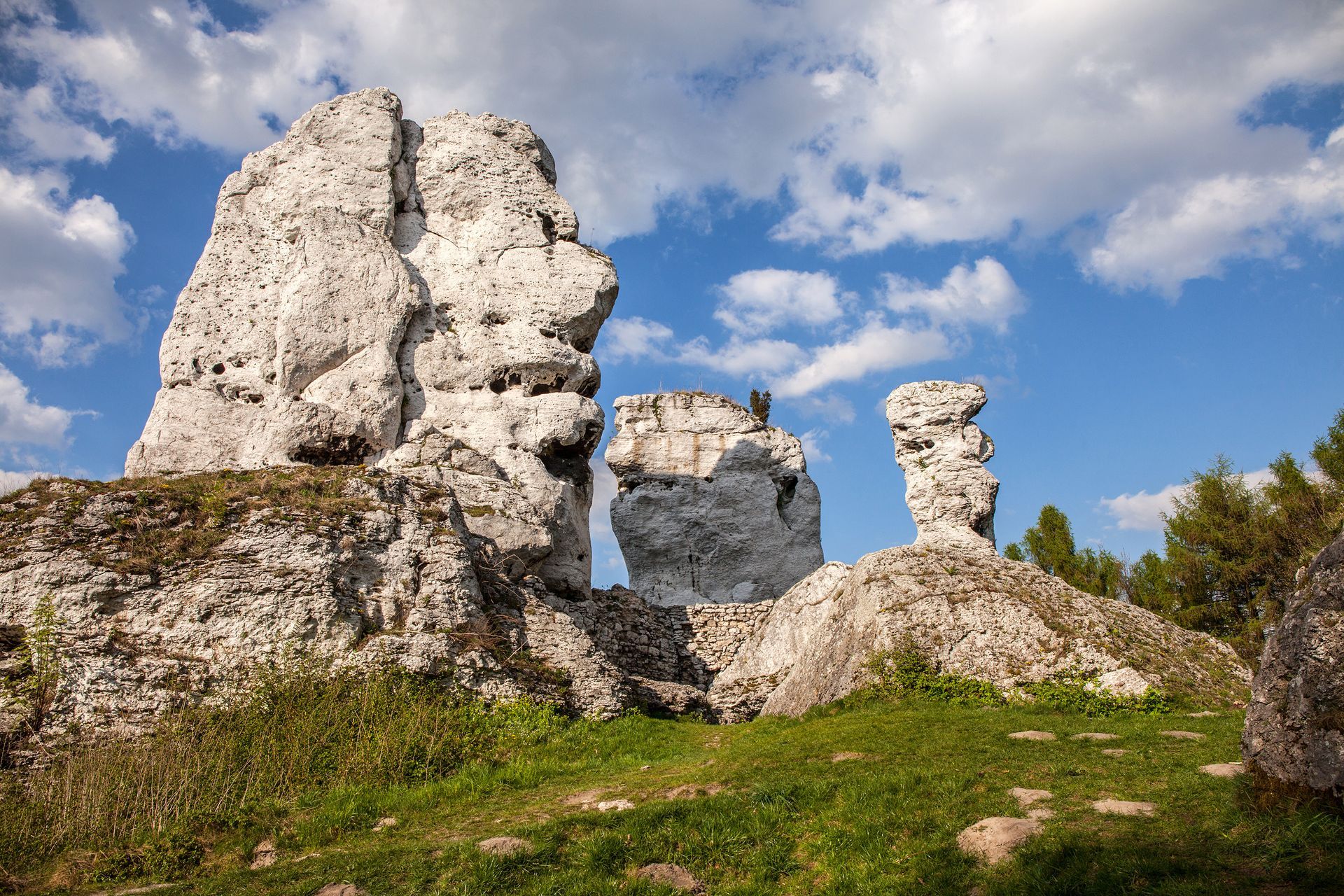Un grupo de rocas en un campo con un cielo azul de fondo.