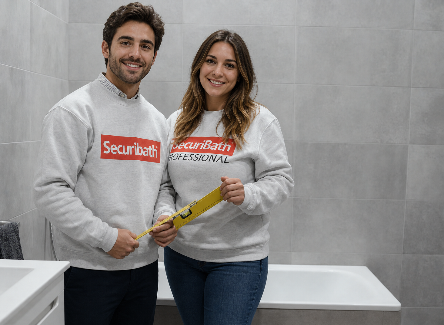 Un hombre y una mujer están uno al lado del otro en un baño.