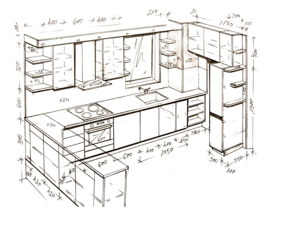 Un dibujo en blanco y negro de una cocina con medidas.