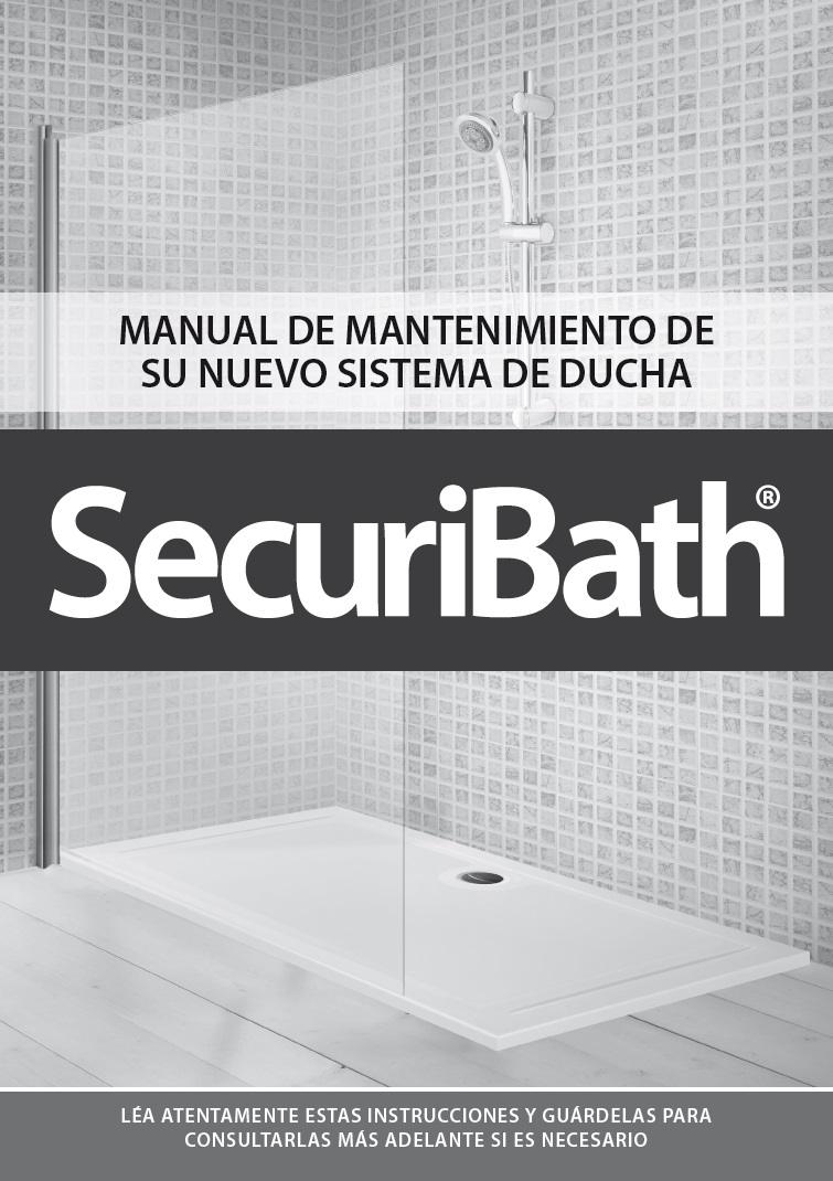 Portada del manual de mantenimiento del sistema de ducha SecuriBath. Incluye una cabina de ducha, el logotipo y el título.