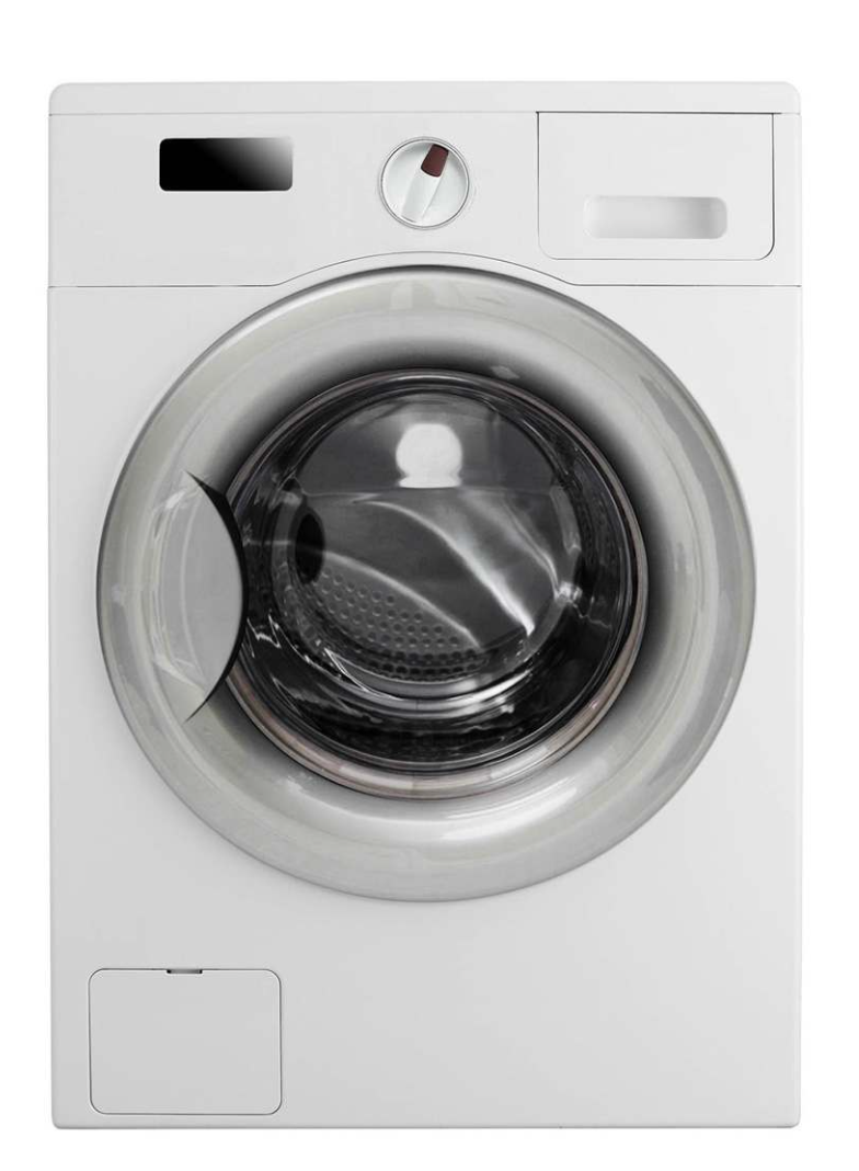 Una lavadora blanca con la puerta abierta sobre un fondo blanco.