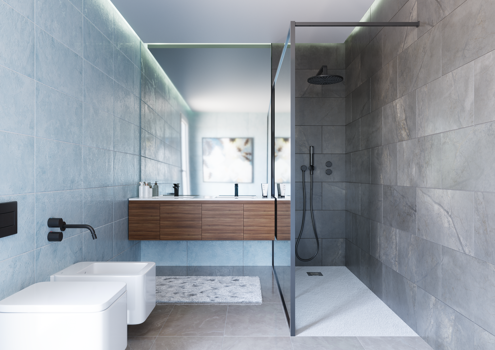 Modern bathroom with gray tile walls, walk-in shower, wood vanity, black fixtures, and bidet.