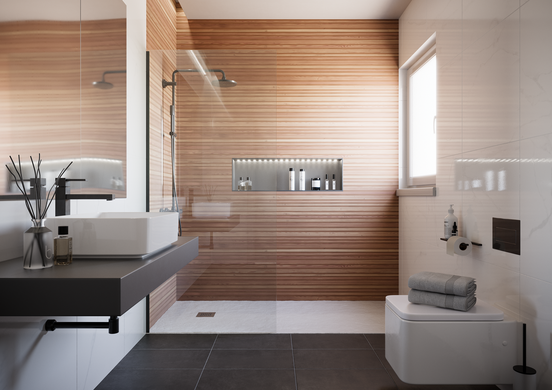 Un cuarto de baño con inodoro, lavabo, espejo y ducha.