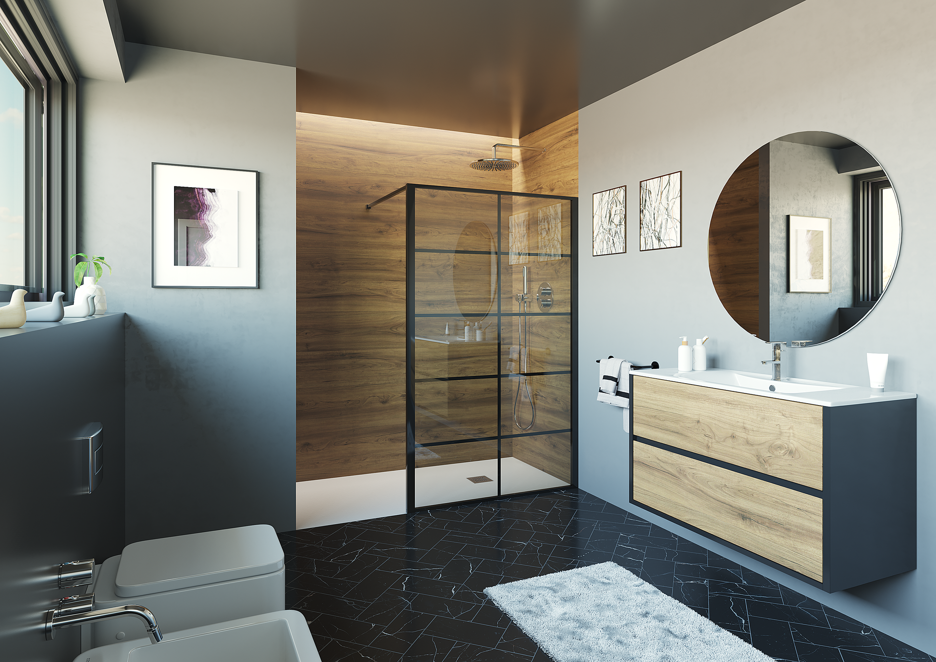 Un cuarto de baño con inodoro, lavabo, espejo y ducha.