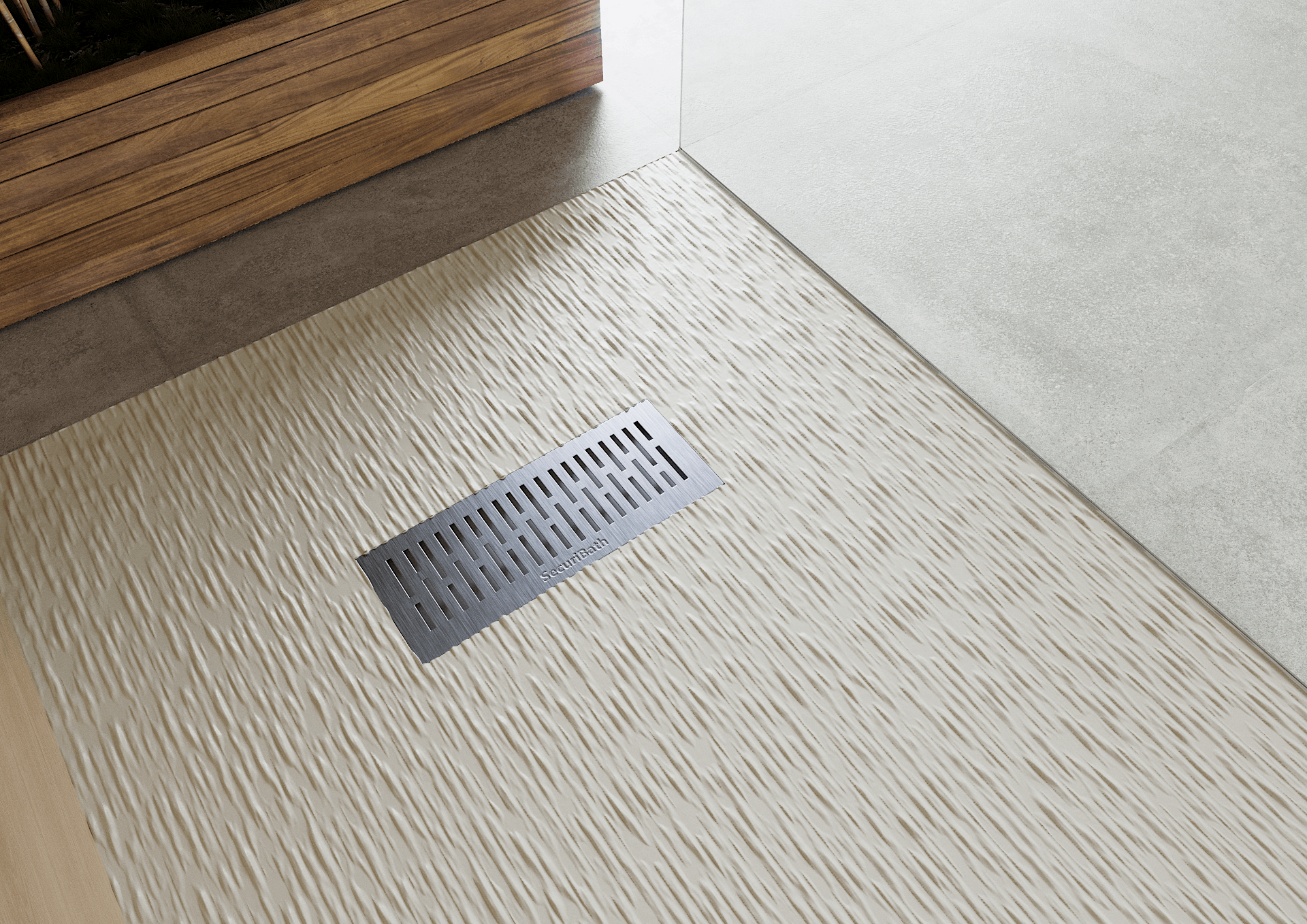 Un primer plano del piso de una ducha con desagüe.
