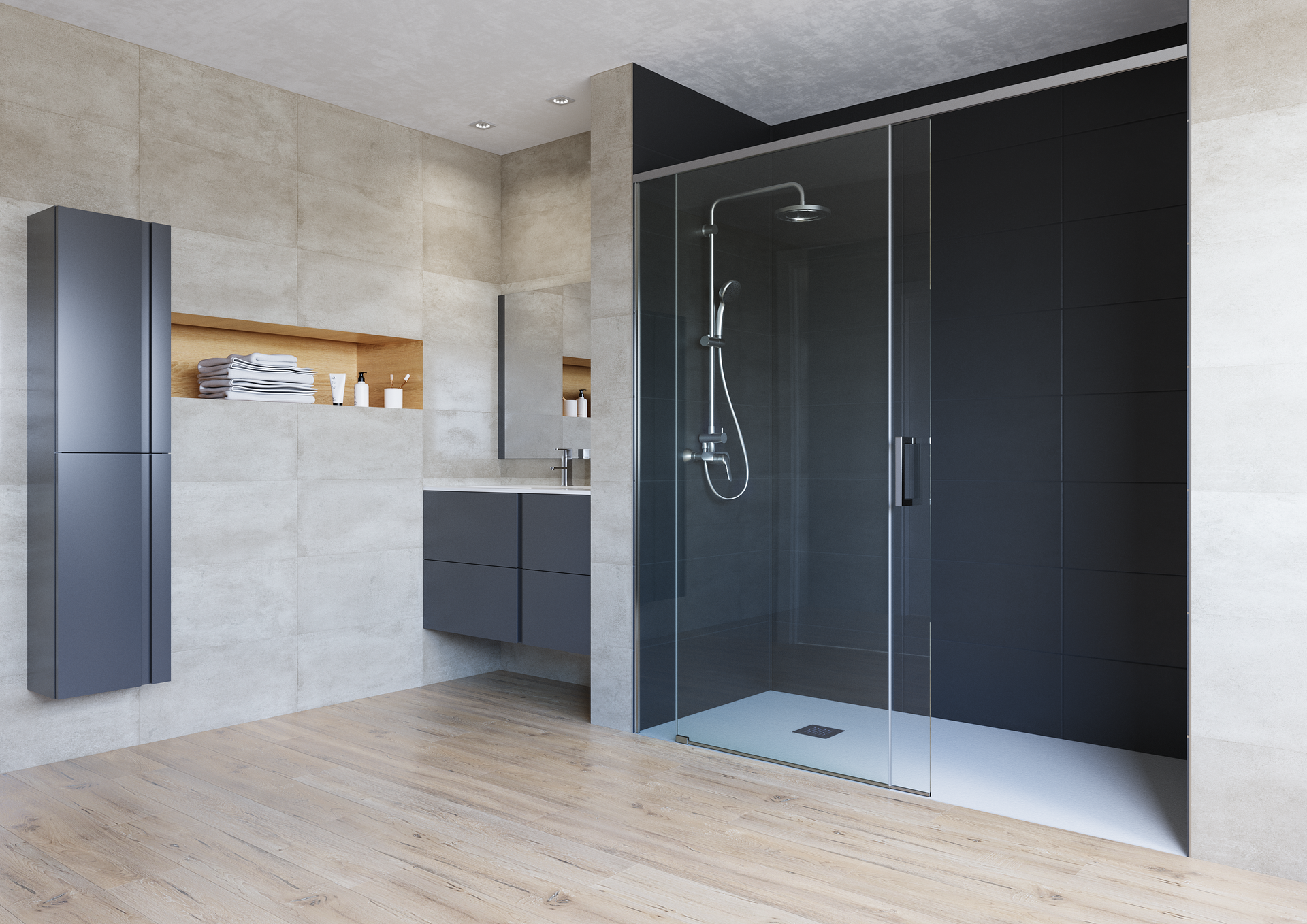 Un baño con mampara de ducha corredera de cristal