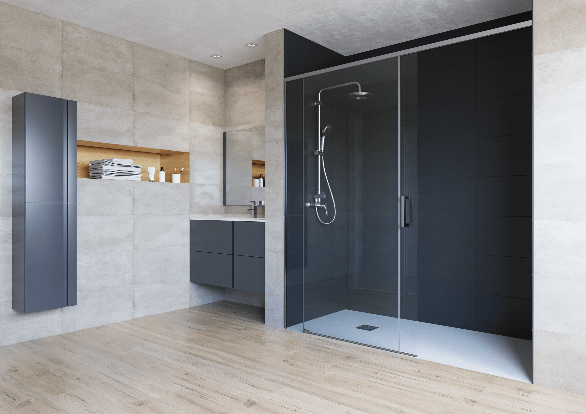 Un baño con mampara de ducha corredera de cristal