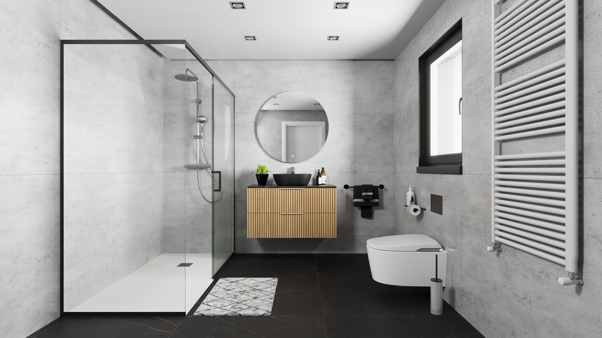 Un cuarto de baño con inodoro, lavabo, espejo y ducha.