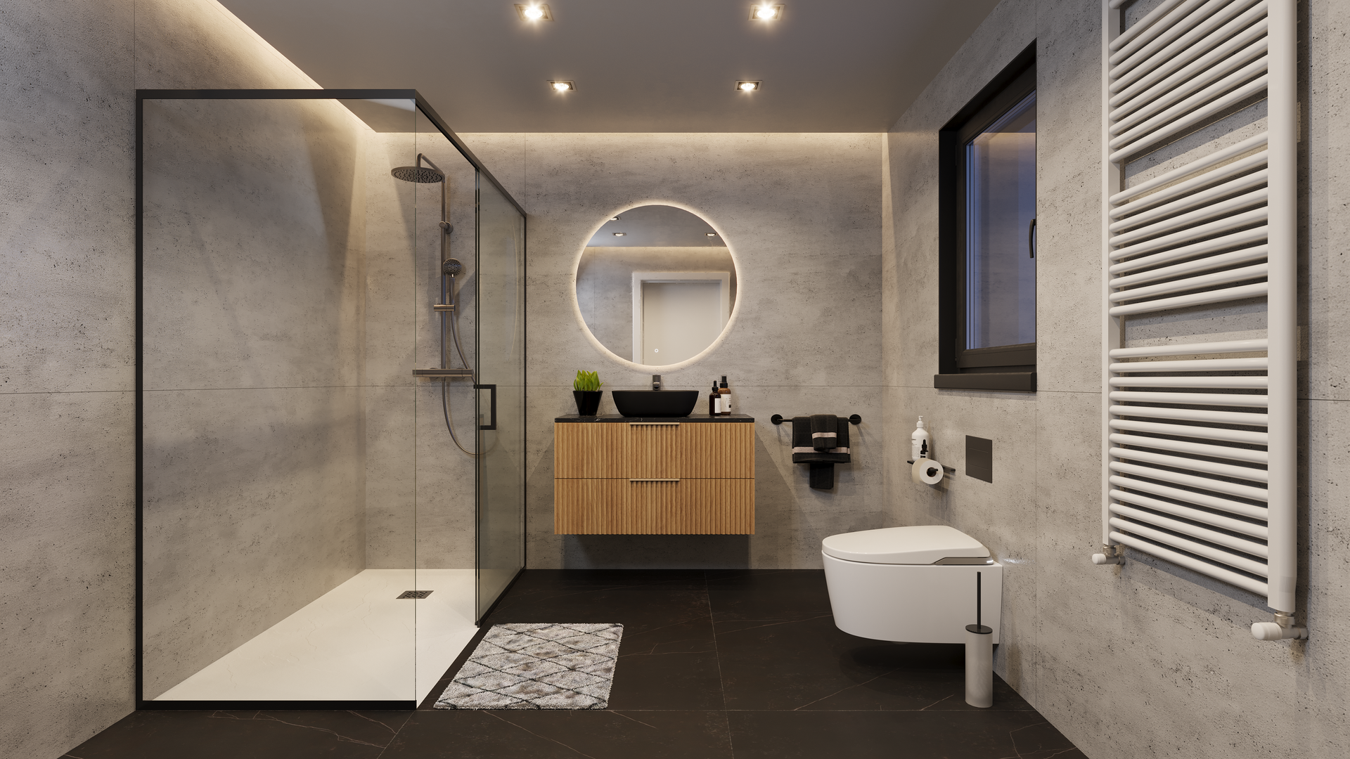 Un cuarto de baño con inodoro, lavabo, ducha y espejo.