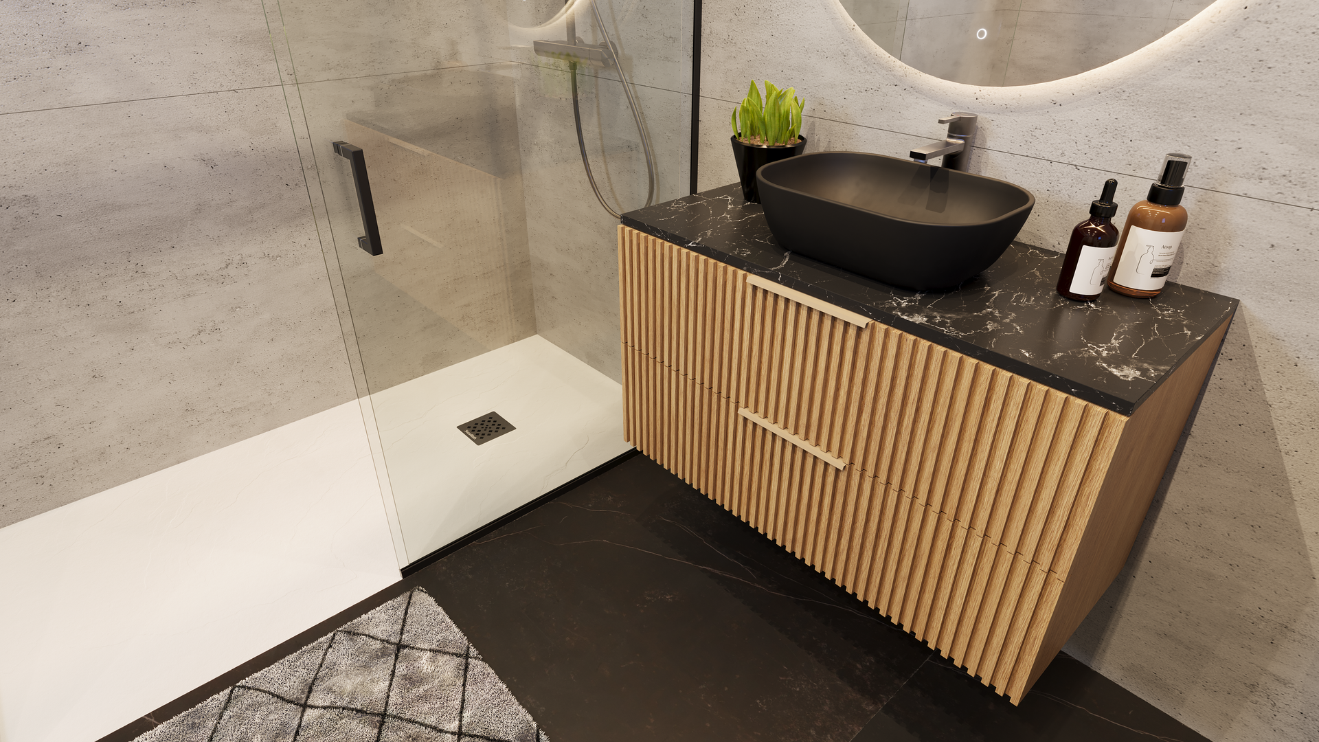 Un baño con lavabo, espejo y ducha.
