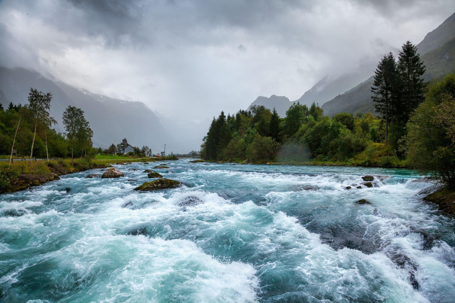 Un río que fluye a través de un bosque con montañas al fondo en un día nublado.