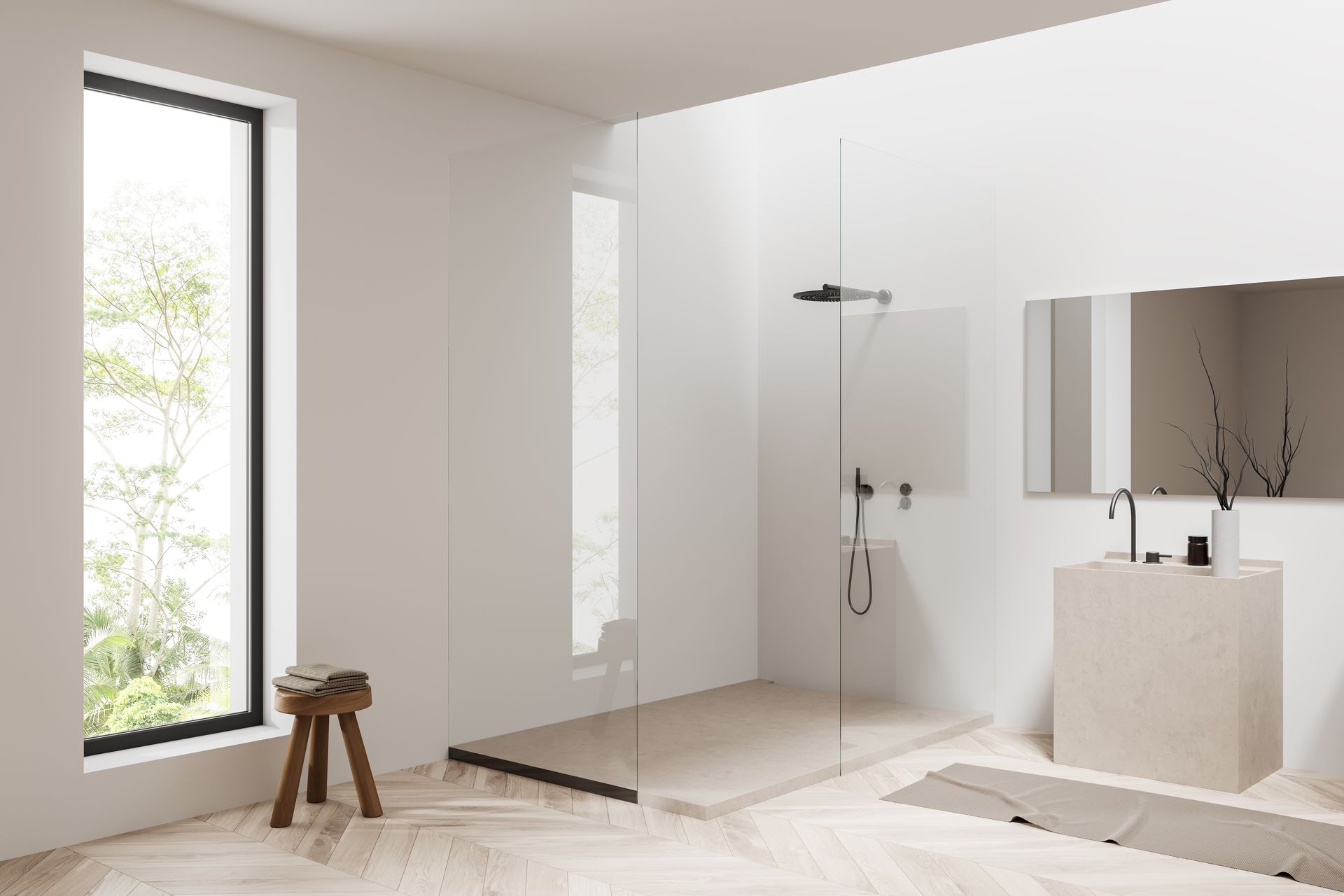Baño moderno y minimalista con ducha de cristal, lavabo de piedra y gran ventanal.