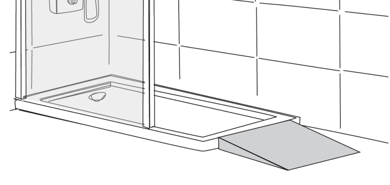 Un dibujo en blanco y negro de una ducha con rampa.