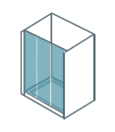 Un dibujo de una cabina de ducha con puertas corredizas de vidrio.