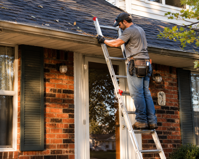 Worker on a ladder cleaning gutters on a brick house roofline.