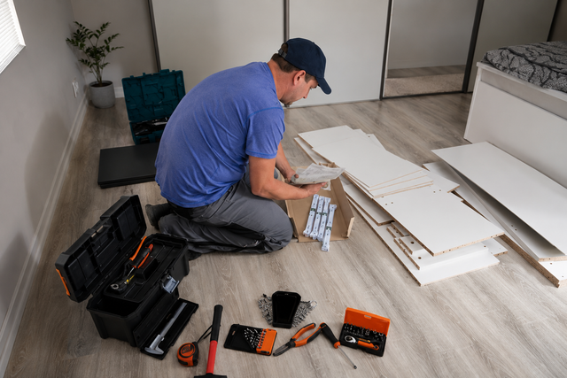 Person assembling white cabinet pieces on the floor with tools nearby in a bright room