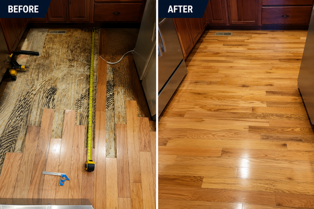 Before-and-after of a scratched wooden floor restored to a clean, polished finish.
