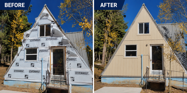 Before-and-after split of a blue cabin painted beige, with arrows in the center.