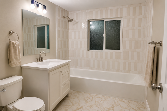 Small beige bathroom with vanity, toilet, tub, window, and shower curtain