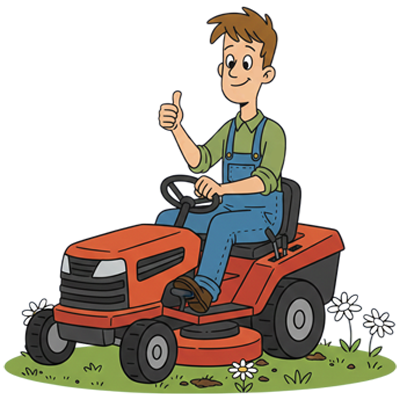 Man on red riding lawnmower giving a thumbs-up in a grassy yard with daisies.