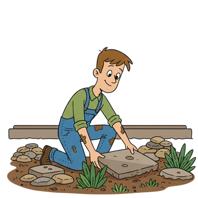 Man kneeling, placing a stone, wearing overalls. Soil, rocks, plants in garden setting.