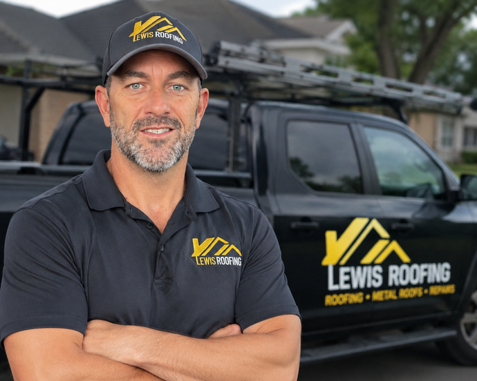 Lewis Roofing team member in branded cap and polo in front of a company truck