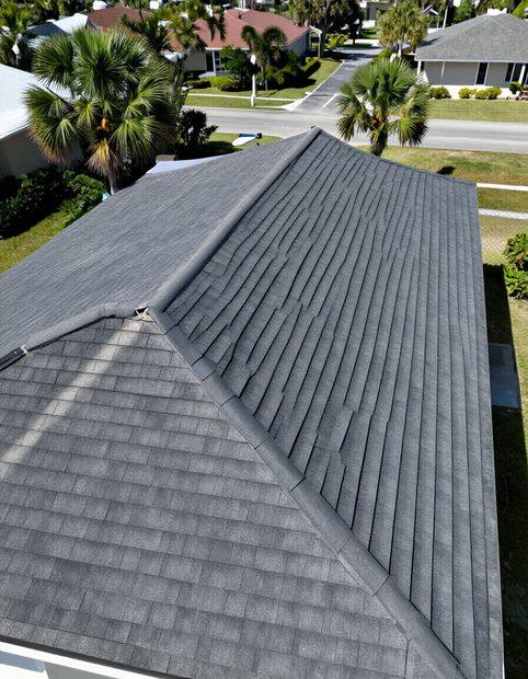 Aerial view of a completed Lewis Roofing residential roof in Pensacola