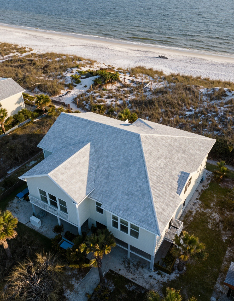 Aerial view of a Perdido Key coastal home roof near the dunes