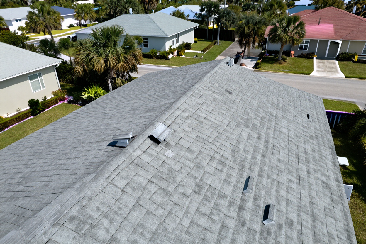 Aerial view of a Pensacola home roof during inspection